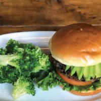 Veggie Burger · Our hand-made black bean and fire-roasted veggie patty, grilled and topped with chipotle may...