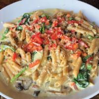 Roasted Penne · Roasted red peppers, Anaheim peppers, onions and mushrooms sautéed in garlic butter tossed w...