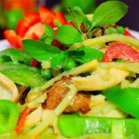 Gang Kiew Warn · Choice of meat, bamboo strip, bell pepper. eggplant and green peas in green coconut curry. G...