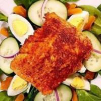 Cajun Salmon Spinach Salad · Gluten free. Cajun salmon, sun-dried apricot, cucumber, red onions, Feta cheese, hardboiled ...