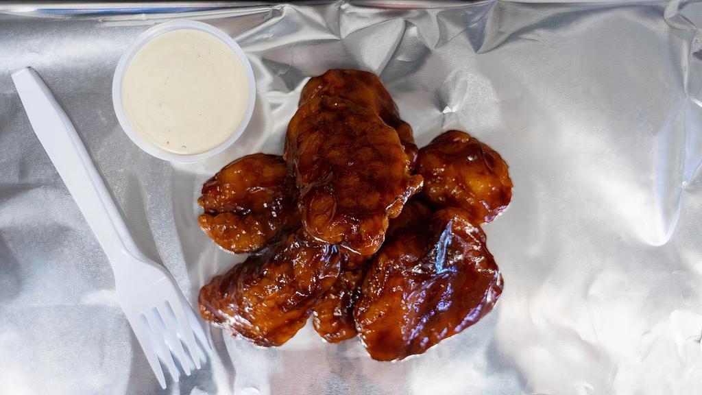 16 Boneless Wings · Our delicious Breaded  Boneless chicken wings come with your favorite sauce of choice and a side of Ranch,  Approx. 15-20 pieces.