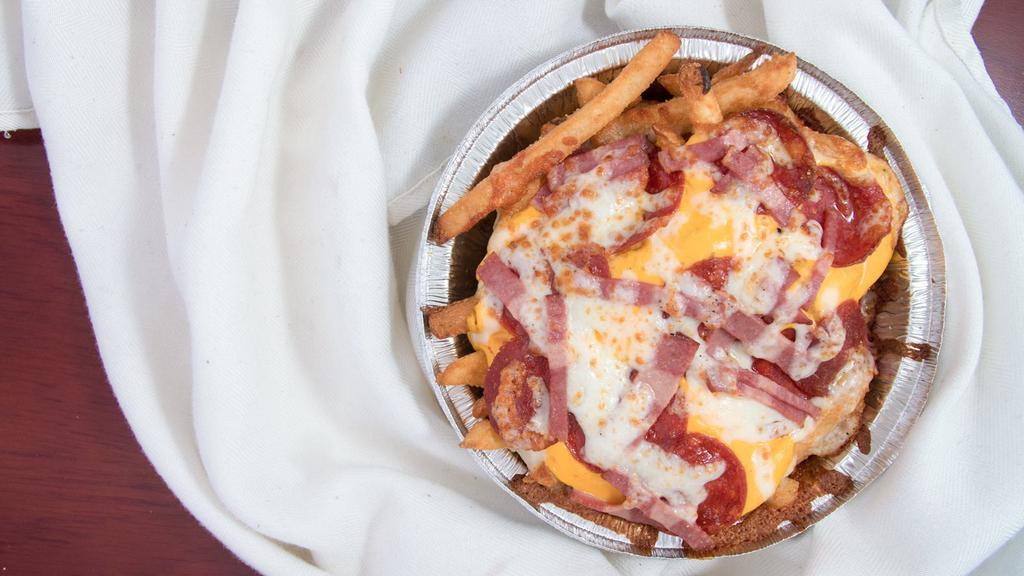 Loaded Fries · Fries with pepperoni and turkey bacon topped with mozzarella and melted cheddar cheese. Served with your choice of dipping sauce.