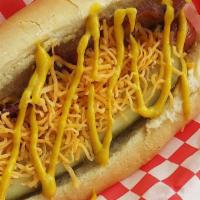 Missouri Dog · Brat bun, pickle, bacon, Cheddar cheese, mustard.