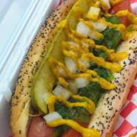 Chicago Dog · Pickle, tomato, relish, diced onions, sport peppers, mustard, celery salt, poppy seed bun.