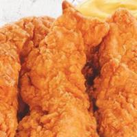 Hand-Breaded Chicken Strips · Fresh, hand-breaded chicken strips served with choice of dipping sauce.