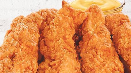 Hand-Breaded Chicken Strips · Fresh, hand-breaded chicken strips served with choice of dipping sauce: BBQ, buttermilk ranch, or honey mustard. Available with French fries for an additional charge.