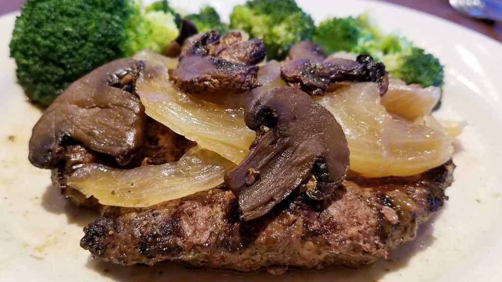 Half-O-Pound® · Fresh, hand-pattied, grain-fed, 100% ground beef patty cooked to order, then topped with grilled sweet onions and mushrooms. Available with brown gravy. Served with a choice of 2 sides.