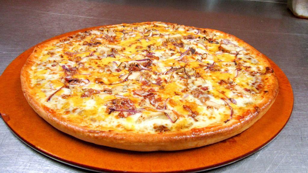 Chicken Bbq Supreme · Sweet baby rays bbq sauce, our premium cheeses, topped with chicken breast, fresh-cut red onions, and bacon.
