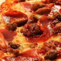 6-Topping All Meat · Pepperoni, Italian sausage, ham, beef, bacon, and Extra cheese.