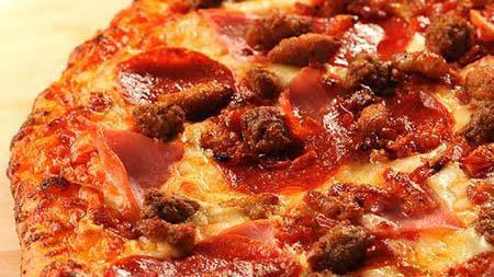 6-Topping All Meat · Pepperoni, Italian sausage, ham, beef, bacon, and Extra cheese.