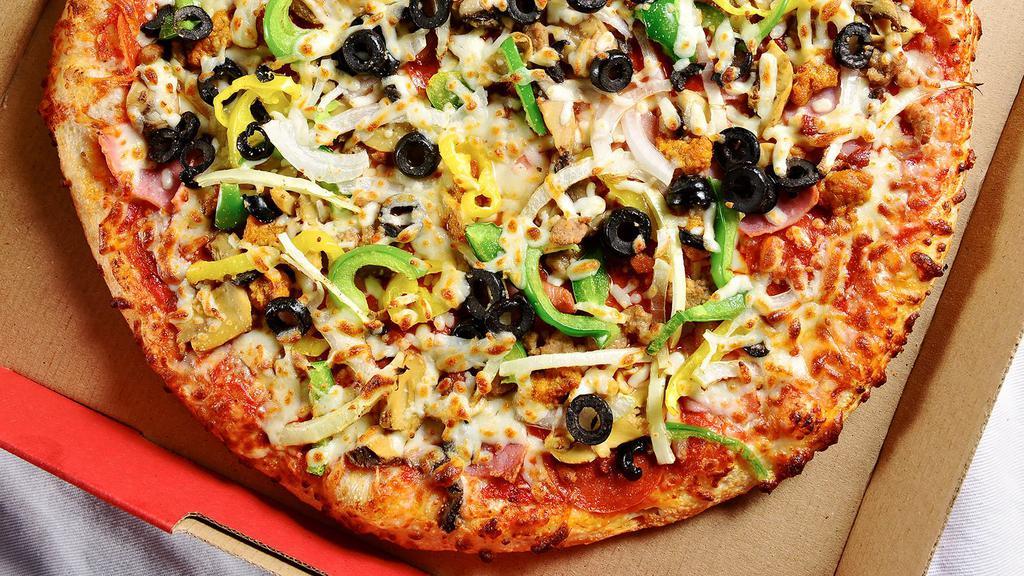 Everything Pizza · Pepperoni, Ham, Bacon, Italian Sausage, Ground Beef, Mushrooms, Green Peppers, Onions, Red Onions, Black Olives, Banana Peppers, Green Olives, Jalapeños, Tomato, Spinach + Pineapple