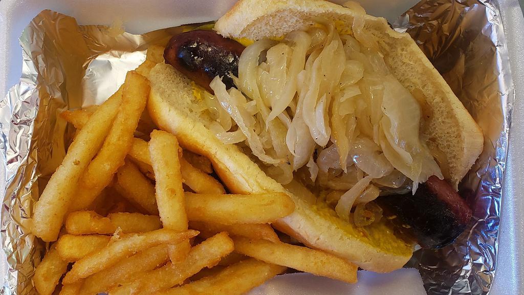 Polish Sausage · Comes with mustard, grilled onion, and pepper.
