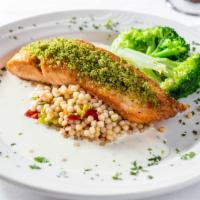 Herb Crusted Salmon Fillet · Pearl couscous, broccoli, and two mustard sauce.