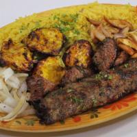 4 Meat Combination · Shish kabob, chicken kabob, and chicken shawarma. Served with rice, House salad, pita bread ...