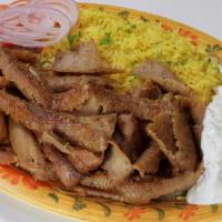 Gyro Plate · Served with rice, small Greek salad, onions, tomatoes and tzatziki sauce. Served with rice, ...