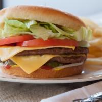 Double Cheeseburger · Mustard, ketchup, pickles, onion, lettuce, tomato.