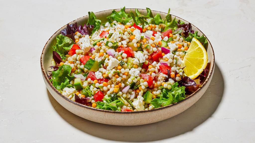 Mediterranean Salad · A Mullen's favorite - chopped romaine & mixed greens, with grilled chicken, feta cheese, Kalamata olives, cucumber, tomato, onion, bell pepper, anchovies and pepperoncini tossed in sweet vinaigrette.