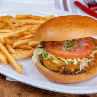 Balkan Burger · Cal. 412 European season homemade beef patty grilled on a brioche bun and topped with chedda...