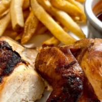 Kids Quarter Smoked Chicken · Served with Seasoned Fries and Cornbread.