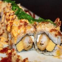 Cornucopia Roll · Tempura Shrimp – Cream Cheese – Tomago – Spicy Crab – Seaweed Salad - Crunch