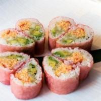 Pink Leapord Roll · Spicy Crab – Avocado – Cucumber – Crunch – Soybean Paper