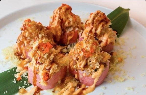 Pink Geisha Roll · Shrimp – Cucumber – Jalapeño – Crunch – Spicy Crab – Masago – Soybean Paper – (5 Pieces)