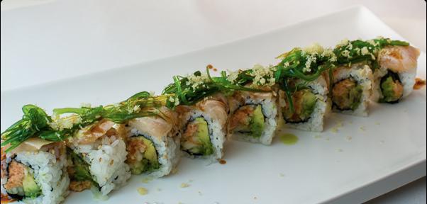 Tunami Roll · Spicy Tuna – Yamagoba – Cucumber – Avocado – Albacore Tuna – Seaweed Salad