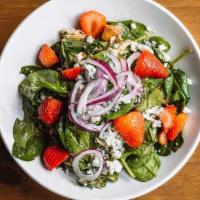 Spinach Salad · Poached chicken, organic spinach, strawberries, sugared pecans, red onions, housemade crouto...