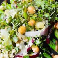 Asparagus Salad · Asparagus, cauliflower, chickpeas, micro greens  shallot, pumpkin seeds, balsamic vinaigrette.