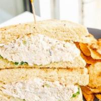 Chicken Salad Sandwich · White meat free range chicken, celery, bacon, mayo, toasted bread. Served with chips.