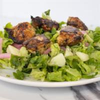 Chicken Tikka Salad · Chicken Tikka,  Romaine, Pickled onions, cherry tomatoes, cucumbers, green olives, alfalfa s...