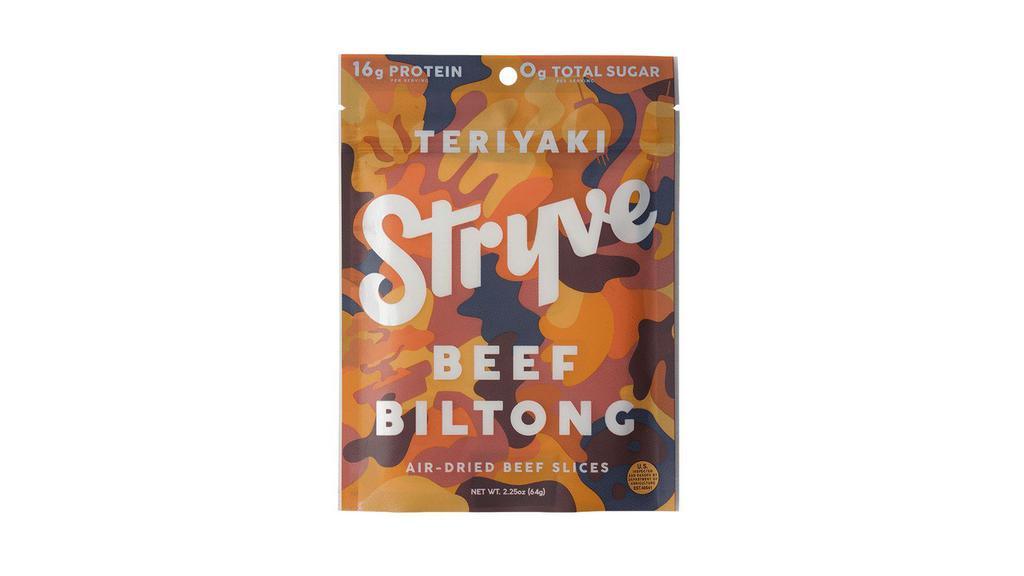 Stryve Biltong Teriyaki  2.25Oz · Biltong is a process for preserving meat that 
originated centuries ago in South Africa. 
Stryve Biltong is 100% beef with no sugar, 
MSG, gluten, nitrates or preservatives. All 
natural. All flavorful.