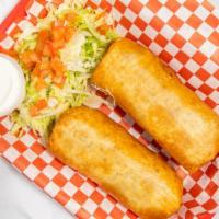 Chimichangas (2) · Deep fried flour tortilla, choice of meat, cheese, side of lettuce & tomato