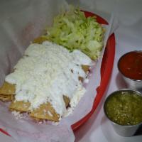 3 Chicken Flautas With Guacamole Dip · Deep-fried rolled corn tortilla, pulled chicken, lettuce, queso fresco, sour cream