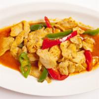 #100 Kang Panang · Panang curry, bell peppers & kaffir leaves in coconut milk