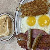 Country Style Breakfast · Two eggs, hashbrowns, bacon, ham and sausage links for the hearty appetite.