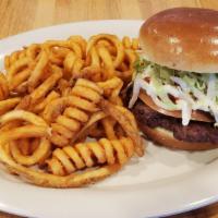 Burger · Ketchup, mayo, red onions, pickles, lettuce, and tomatoes.