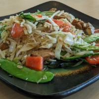 Bean Thread Noodle · Stir-fried glass noodles with egg, pea-pods, tomatoes, onions, red peppers, cabbage, bean sp...