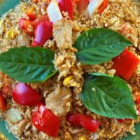 Thai Fried Rice Platter · Stir fried rice with egg, onions, red peppers, tomatoes and fresh Thai basil in a spicy chil...