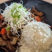 Pepper Beef Rice Platter · Red bell pepper, onions and beef stir-fried in a thick sweet soy sauce.  Includes a side of ...