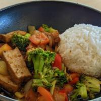Pad Ped Rice Platter · Broccoli, red bell peppers, tomatoes, white onions, cilantro, garlic and a dash of hot chili...