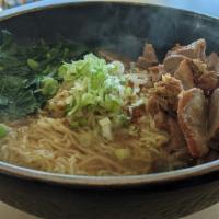 Roasted Pork Soup · Sliced tender Asian style roasted pork, Chinese greens and green onions served with egg nood...