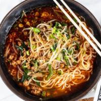 Taiwan Ramen · Ground pork, chives, green onions, bean sprouts are seasoned hot with red peppers, and garli...