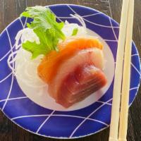 Salmon, Tuna, Yellowtail Sashimi · 1 Slice of Raw Salmon, 1 Slice of Raw Tuna, 1 Slice of Raw Yellowtail