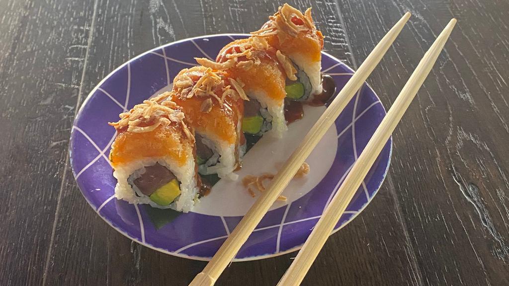 Firecracker Roll · Tuna, avocado,topped with spicy salmon, fried shallot and chili ponzu sauce