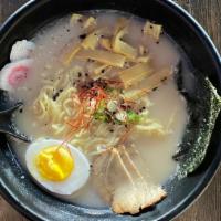 #Char Siu Ramen · Thick wheat noodles in savory hot broth garnished with scallions, fish cake, a half boiled e...