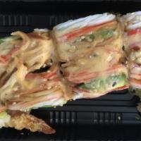 Waterfall Roll · Shrimp tempura and cucumber inside，crabmeat and avocado on the top with spicy mayo and eel s...