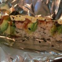 Fire Island Roll · On The Fire! Shrimp Tempura, Spicy Crab, Asparagus, inside,Topped With Cooked Shrimp, Avocad...