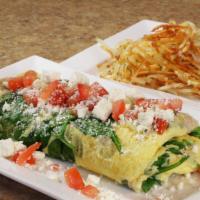 Greek Omelette · Spinach, mushroom, tomatoes, and feta cheese.