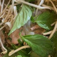 Traditional Beef Pho · Savory beef broth noodle soup served with rice noodles, rare steak, beef brisket
beef meatba...